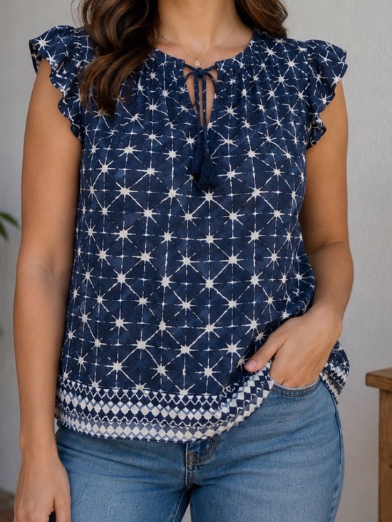 Time and Tru Tops - Time and Tru Navy and White Starprint Tie-Front Ruffle Sleeve Top